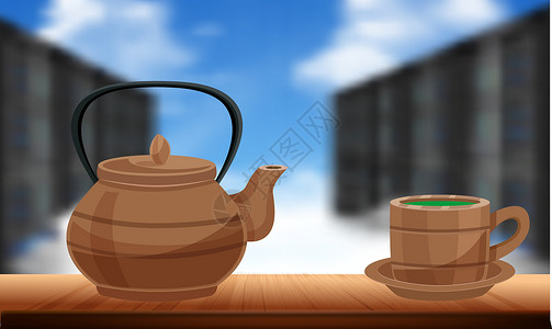茶地台上茶杯的模拟插图反射盘子咖啡小吃枕头薯条桌子库存坡度包装插画