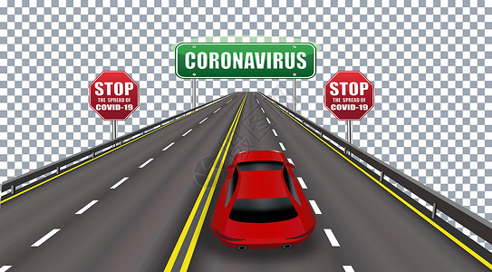 高速公路标志冠状病毒-小心 禁止交通标志 COVID-19 危害和公共卫生危害 大流行 插图插画