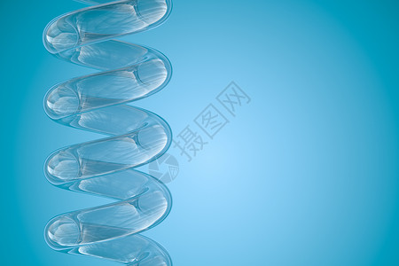 透明弹簧素材蓝色背景的清空玻璃弹簧管 3D翻接管子药品管道化学品化学螺旋食管直肠气管生物学背景