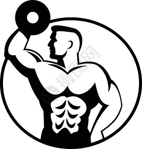 健美健体从边环黑白反光圈中看到的 举起哑铃的肌肉健体建筑师腹部动员胸部二头肌躯干腹肌心血管身体男性训练插画