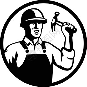拿锤子男人木匠建筑工人持有铁锤圈黑白两极组织插画