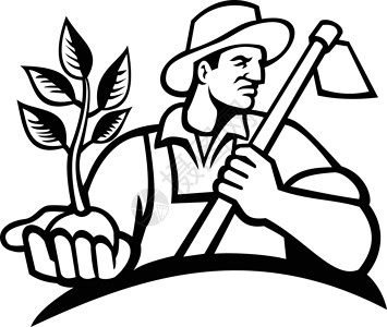 扛着锄头的男人有机农民养殖厂和黑白男性团队农学家插图身份种植卡通片农业品牌吉祥物插画