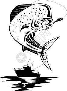 鲯鳅鱼与渔船反黑白游艇跳跃艺术品钓鱼卷轴插图鲇鱼缫丝血管鲳鱼豚鱼艺术插画