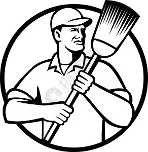 街头清扫者Janitor或清洁持家黑白品牌圆圈男人吉祥物工业男性标识清洁工劳动者工人背景图片