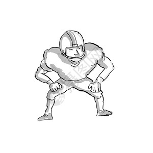 美国足球运动员卡通黑白的美国足球运动员插图草图进攻手工头盔四分卫烤架漫画墨水绘画背景图片
