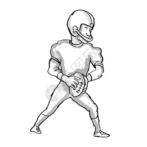 美国足球运动员卡通黑白的美国足球运动员手工墨水草图头盔艺术品烤架插图漫画手绘四分卫背景图片