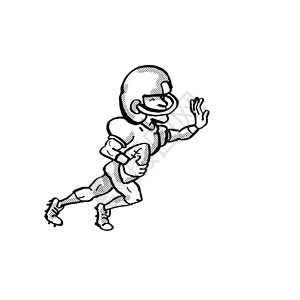 美国足球运动员卡通黑白的美国足球运动员手绘插图四分卫烤架草图画线墨水漫画头盔玩家背景图片