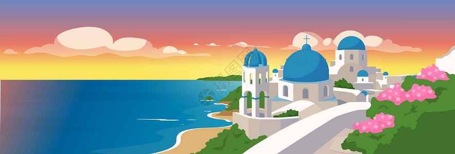 圣托里尼岛风景桑托里尼群岛平板彩色矢量图插画