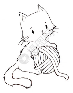 线条卡通人物毛茸茸的小猫抱着毛线球 线条艺术卡通人物黑色墨水手画装饰宠物艺术品广告 着色书 幼儿教科书背景