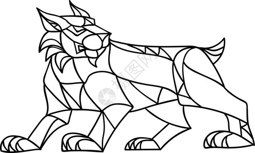 伊比利亚林克斯普罗林黑白摩西克插图山猫折纸多边形动物三角形大猫多面体猫科艺术品插画