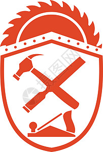 铁质工具锉刀十字锤和冲浪工具Crest Retro圆锯片锉刀木工飞机波峰锤子平面木飞机插画