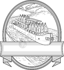 乌拉盖河巴盖河奥瓦尔线绘图上的银瓶骑术驳船溪流渡船旅行黑与白林地瓶子画线椭圆形插画