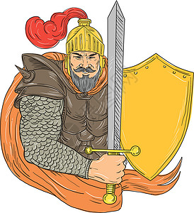 圣堂旧骑士剑盾牌绘画插画