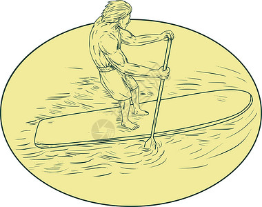 高山群立大雪站起拍板 Oval 绘图冲浪板椭圆形冲浪木板顶角艺术品男人画线男性桨板插画