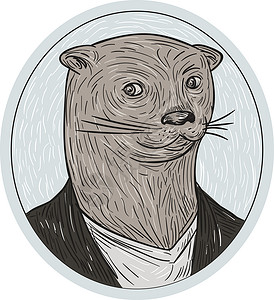手工西装Otter 主任光华绘图海洋生物艺术品插图衬衫衣服外套画线手工哺乳动物手绘插画