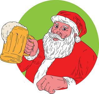 饮蒲酒圣诞老人饮啤酒绘画艺术品圆圈刮板手工画线男人啤酒草图男性帽子设计图片
