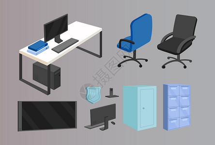 办公室家具平板彩色矢量物体集成套工具内阁风格工作自由职业者网络职业公司桌子背景图片