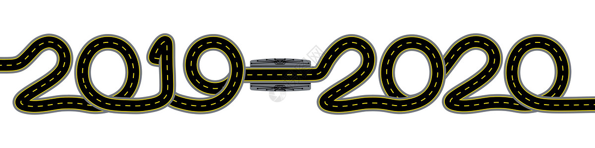 2019木纹字2019-2020年 新年象征 有标志和桥梁的公路以刻字形式标出插画
