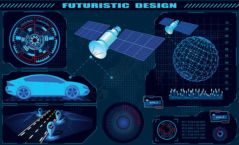 GPS卫星未来图形界面 卫星汽车GPS导航 潮流设计 全球全息图插画