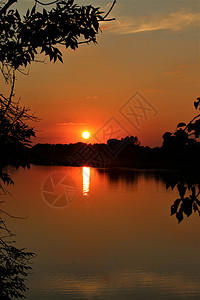环湖景色的大日落红色公园衬套湖景心情黑色太阳气氛背景图片