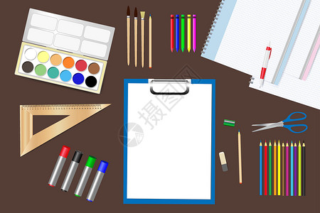 为我们准备的学习用品铅笔记事本工具空白长方形框架学校水彩教育木尺插画