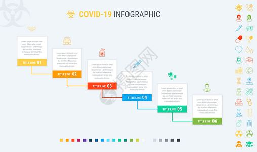 彩色横幅covid19 信息图表模板的彩色图表 具有 6 个选项的时间轴 冠状病毒工作流程时间表 矢量设计 许多额外的图标药品保健安全症插画