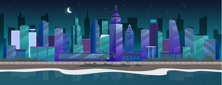 夜间城市平面彩色矢量插图背景图片