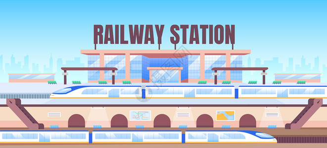 车站建筑铁路站横幅标旗平板矢量模板插画