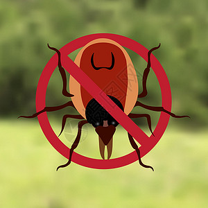 流行性腮腺炎警告符号寄生虫标志 树林可能是螨虫 红螨 流行性 螨寄生虫 绿色森林的背景 插图插画