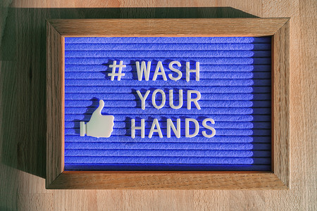 洗手标志在商业商店洗手标签信息感觉标志良好的手部卫生以预防冠状病毒 用于保护 COVID-19 的社交媒体在线消息背景
