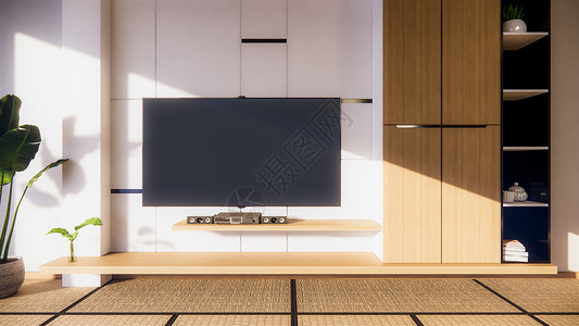电视柜和架子墙设计 客厅内Zen内部jap房间展示小样椅子电视内阁家具日出渲染桌子背景图片