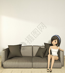 沙发扶手椅上的卡通女孩 还有内地日本人装饰奢华客厅地面木头内阁旅馆渲染木柜家具背景图片