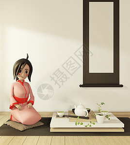 和服的卡通女孩 在日本内衣式房间3DRENDE地面旅馆风格电视架奢华客厅榻榻米屏幕家具木柜背景图片