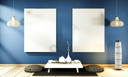 内地模拟中国风格的深蓝色房间内部 3D rende新年小样窗户酒店艺术沙发建筑学文化插图椅子背景图片
