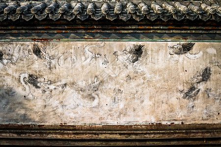 中国武当修道院 墙上的古老模式背景图片