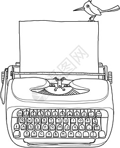 古董画旧式打字机手提式回转器 带纸和鸟手Dra插画