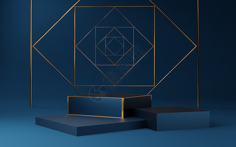 蓝色三角形边框空的蓝色立方体讲台 蓝色有金色边框和金色正方形展示装饰插图盒子领导者店铺木板小样金子比赛背景