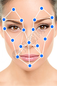 核实用于面部身份验证识别概念的生物识别面部识别软件应用技术 带有扫描插图图形设计的亚洲女性肖像背景
