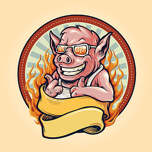 肉丝带底猪肉烧烤 bbq 吉祥物徽标与丝带和火炉插画