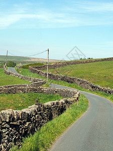 山地Yorkshire乡下有干岩墙 旧的Howarth公路上有蓝夏日天空 附近是一条绕风狭小的国道交叉口背景图片
