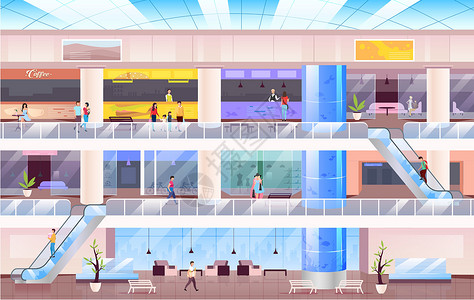 购物中心中庭它制作图案的购物中心平面颜色矢量风景团体多层信息地面海报图表消费者店铺插图插画