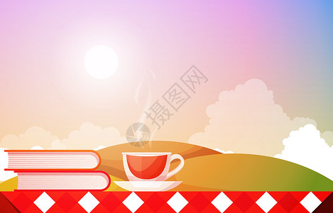 茶与图书素材户外自然景观天空视图表上的茶杯 Name饼干液体飞碟丘陵香气插图陶瓷生活叶子休息插画
