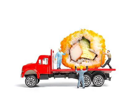 卡人模型人在卡车上制作寿司卷 食品运送盘等船运食物团队美食午餐海藻工人餐厅运输白色背景