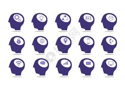 带货主图头部带有在白色背景上隔离的通信图标 一组带图标的头智力齿轮讲话创造力网络演讲解决方案会议男人头脑插画