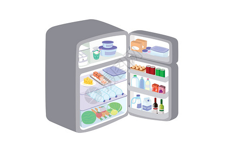 食物保存灰色冰箱打开门隔离在白色背景 冰箱保存水果和食物以保持新鲜度商品果汁插图器具贮存冻结架子瓶子饮料厨房插画