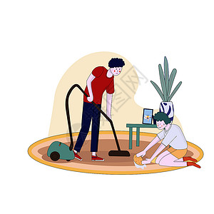 吸尘器卡通父亲和儿子用吸尘器的卡通插图来清理平坦的真空背景