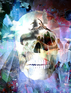 生与死男人宇宙死亡游客冥想颅骨头脑上帝仪式天空背景图片
