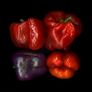 上面四张已枯灭的铃椒视图老化影棚四物黑色背景过程特写蔬菜紫色红色背景图片