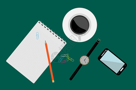 文桌子单色的文具 智能手机 手表和咖啡杯插画