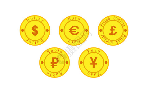 一套五枚印有货币符号的硬币高清图片